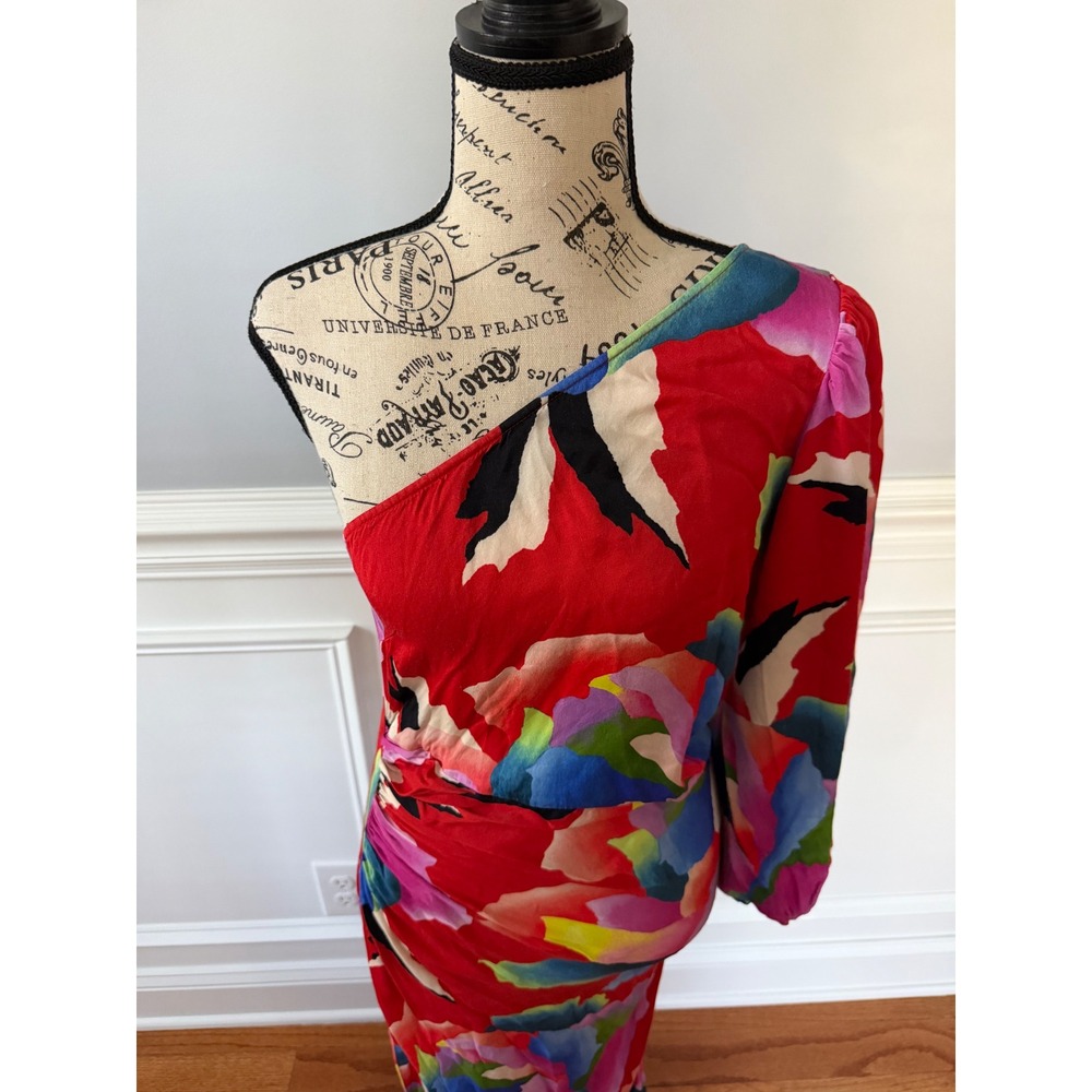 Farm Rio One Shoulder Dress Anthropologie Abstract Floral Midi Slit Size Small - Picture 7 of 14